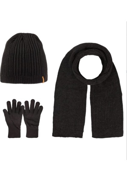 Erkek Örgü Bere Atkı Eldiven 3'lü Takım Siyah