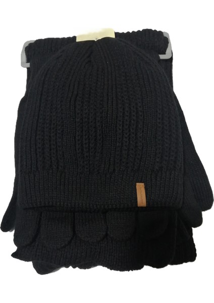 Erkek Örgü Bere Atkı Eldiven 3'lü Takım Siyah fırsatları