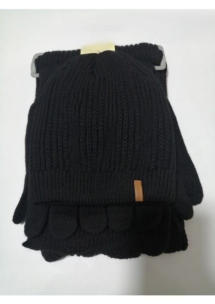 Erkek Örgü Bere Atkı Eldiven 3'lü Takım Siyah indirimleri