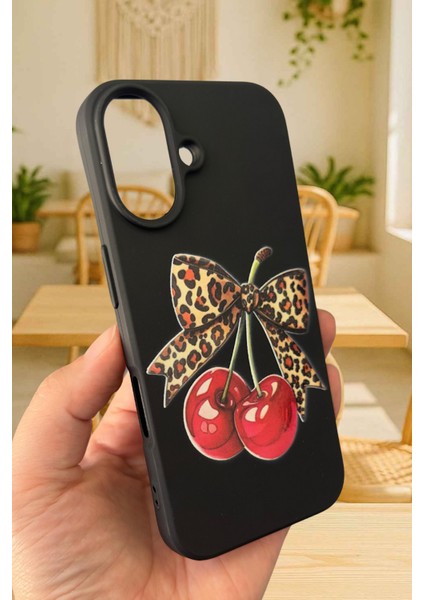 iPhone 16 Uyumlu Kiraz Leopar Fiyonk Desenli Silikon Darbe Emici Klasik Korumalı Rubber Kılıf modelleri