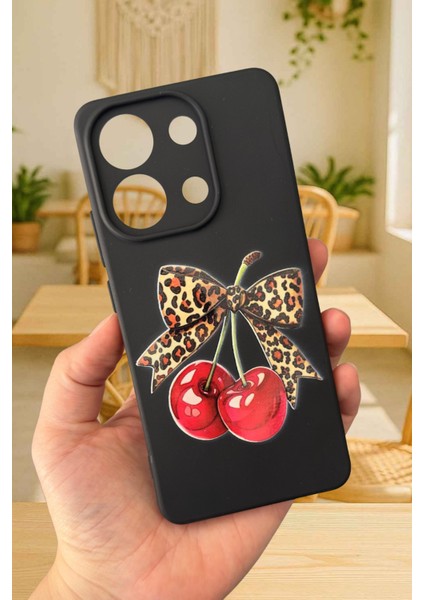 Redmi Note 13 4g Uyumlu Kiraz Leopar Fiyonk Desenli Silikon Darbe Emici Rubber Kılıf