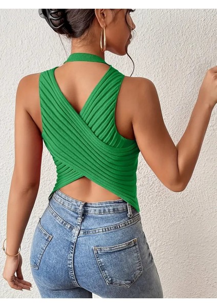 Kadın Sıfır Kol Sırt Çapraz Detay Triko Bluz modelleri