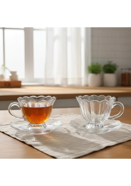 Olive Cam 6 Kişilik Tabaklı Büyük Çay Fincan Seti – 6 x 210 ml