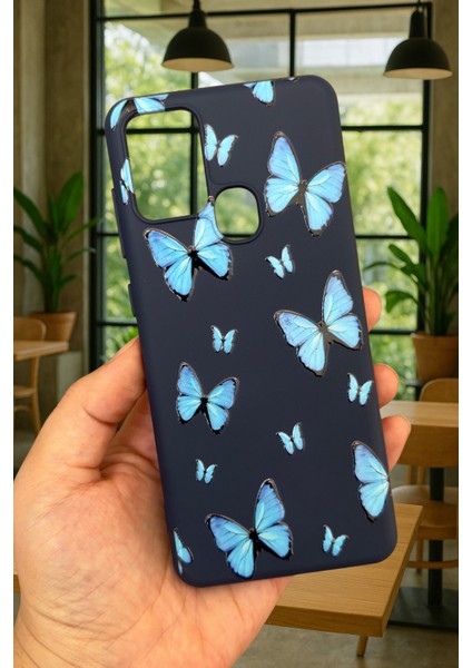 Samsung Galaxy A21S Uyumlu Mavi Kelebek Desenli Silikon Darbe Emici Klasik Korumalı Rubber Kılıf