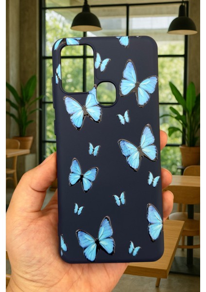 Samsung Galaxy A21S Uyumlu Mavi Kelebek Desenli Silikon Darbe Emici Klasik Korumalı Rubber Kılıf fiyatları