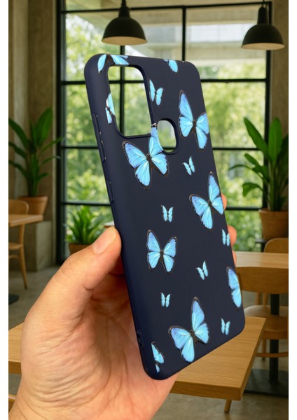 Samsung Galaxy A21S Uyumlu Mavi Kelebek Desenli Silikon Darbe Emici Klasik Korumalı Rubber Kılıf modelleri