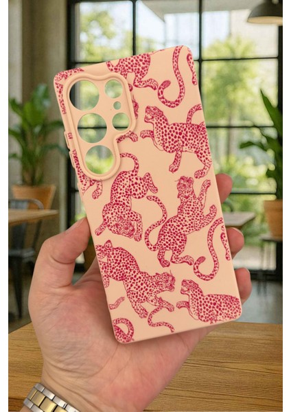 Samsung Galaxy S25 Ultra - Pembe Leopar Desenli Silikon Darbe Emici Klasik Korumalı Rubber Kılıf
