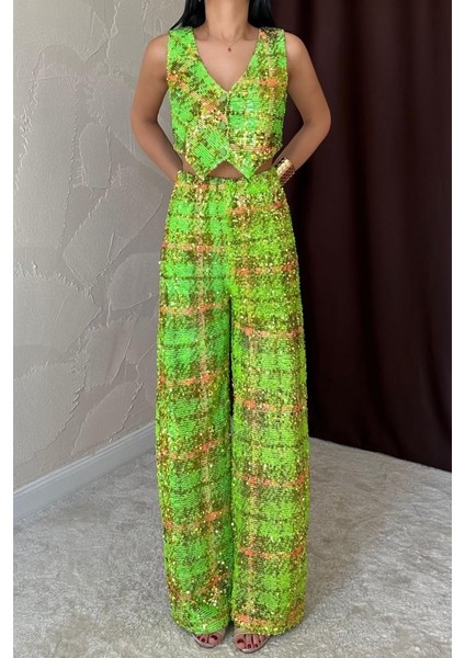 Yeşil Pullu Yelek ve Pantolon Takım modelleri