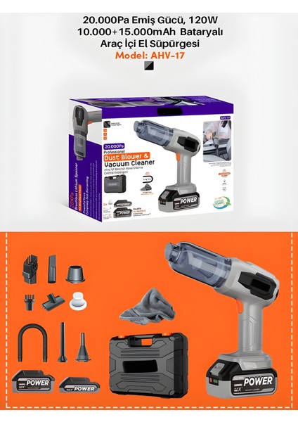 20000PA 120W Güçlü Emişli Çift Bataryalı Kablosuz Vakumlu Üflemeli Mini Araç Süpürgesi indirimleri