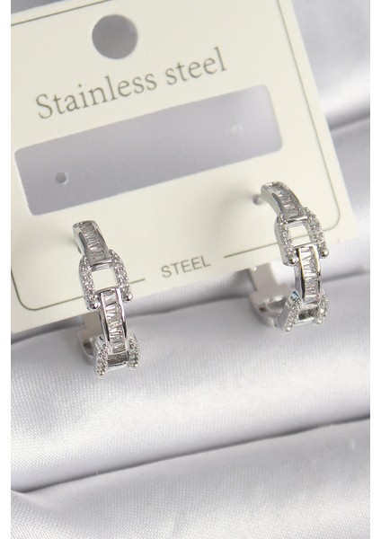 Pirinç Gümüş Renk Zirkon Taşlı Zincir Model Kadın Küpe - TJ-BKP9736