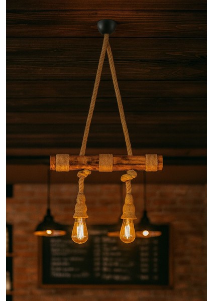 Jüt Halatlı Sarkıt Ahşap Avize Kafe Balkon Ofis Dekor 2’ Li Aydınlatma