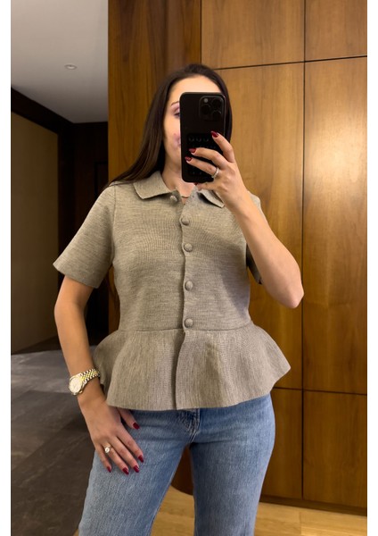 Pileli Tasarım Hırka- Vizon