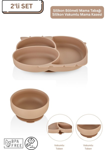 2'li Silikon Bebek Beslenme Seti / Bölmeli Mama Tabağı / Mama Kasesi - Moka