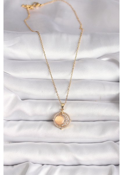 316L Çelik Gold Renk Zirkon Taşlı Turuncu Sedefli Hilal Model Kadın Kolye - Lisinya fiyatları