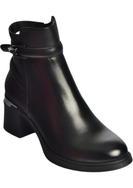 V555258003 Siyah Hakiki Deri Kalın Topuklu Kadın Bot