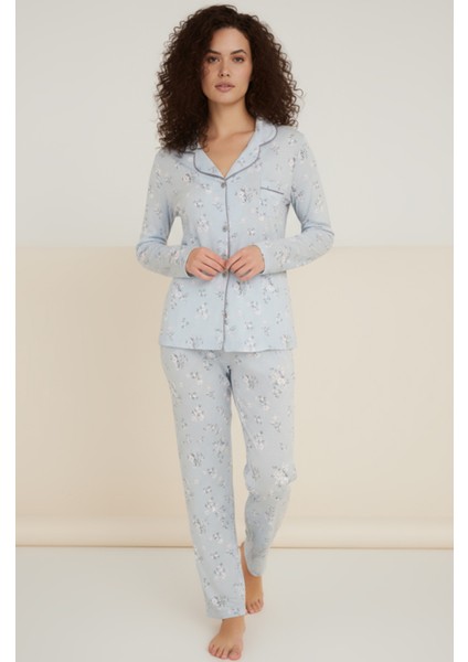 Luxury Viscose Mavi Çiçek Desenli Kadın Uzun Kollu Pijama Takımı – 42550