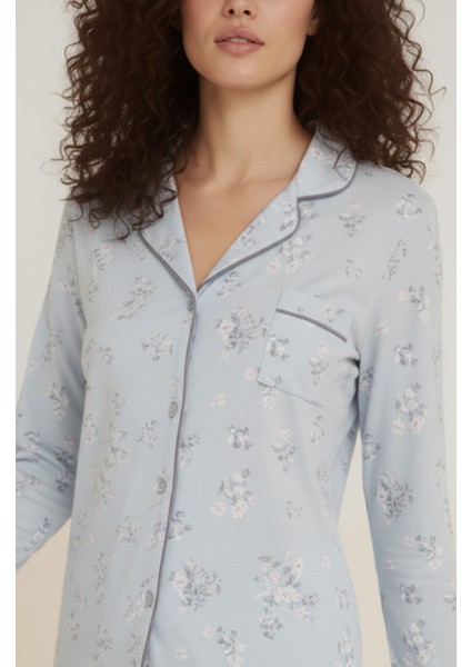 Luxury Viscose Mavi Çiçek Desenli Kadın Uzun Kollu Pijama Takımı – 42550 fiyatları