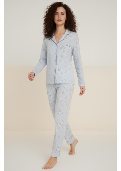 Luxury Viscose Mavi Çiçek Desenli Kadın Uzun Kollu Pijama Takımı – 42550 modelleri