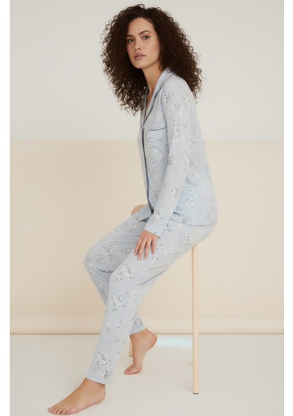 Luxury Viscose Mavi Çiçek Desenli Kadın Uzun Kollu Pijama Takımı – 42550 fırsatları
