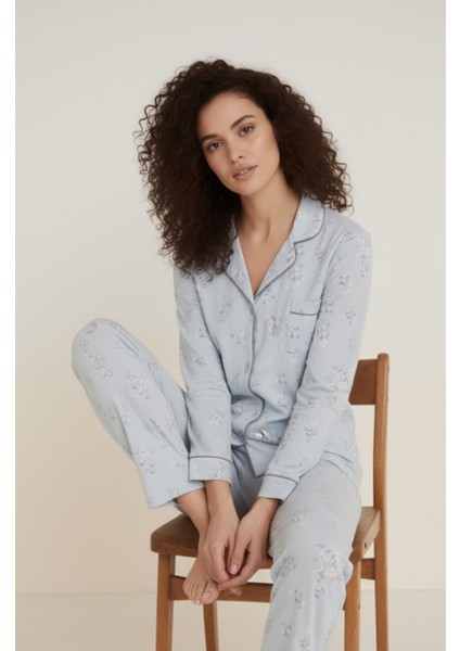 Luxury Viscose Mavi Çiçek Desenli Kadın Uzun Kollu Pijama Takımı – 42550 indirimleri