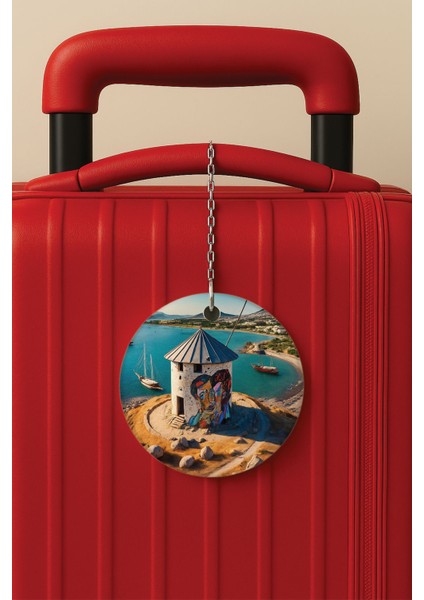 Desenli Baskılı Pleksi Zincir Aparatlı Bavul Etiketi Valiz Etiketi Bodrum Manzara