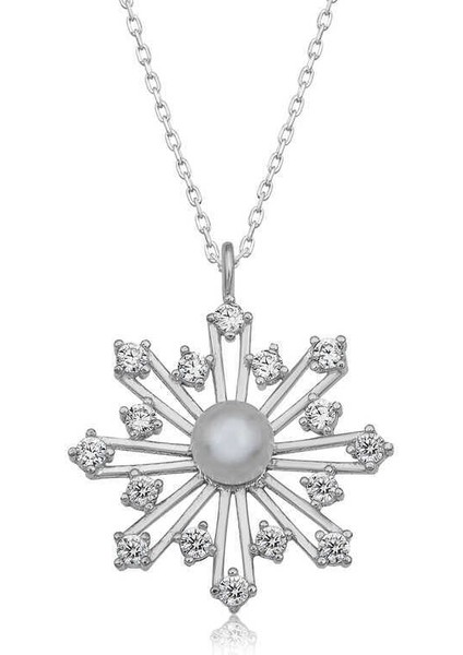 Gümüş İncili Kar Tanesi Kadın Kolye