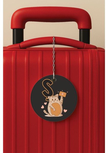 Desenli Baskılı Pleksi Zincir Aparatlı Bavul Etiketi Valiz Etiketi Kedili Ş Harfi