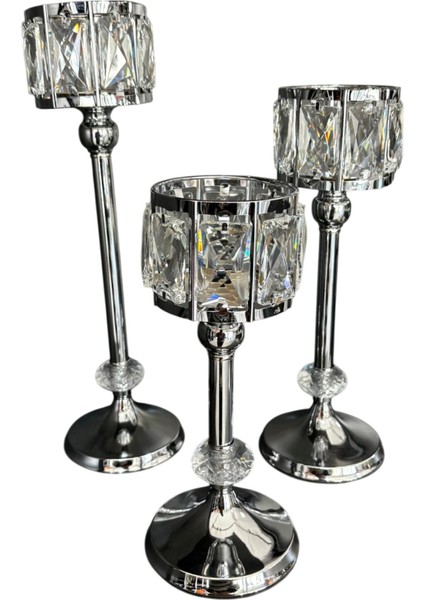 Gümüş Renk Kristal Detaylı 3’lü Metal Şamdan Seti | Lüks Dekoratif Mumluk Takımı 40-30-20 cm