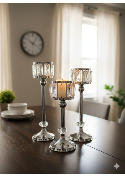 Gümüş Renk Kristal Detaylı 3’lü Metal Şamdan Seti | Lüks Dekoratif Mumluk Takımı 40-30-20 cm fiyatları