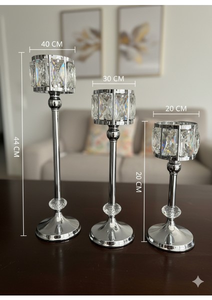 Gümüş Renk Kristal Detaylı 3’lü Metal Şamdan Seti | Lüks Dekoratif Mumluk Takımı 40-30-20 cm modelleri