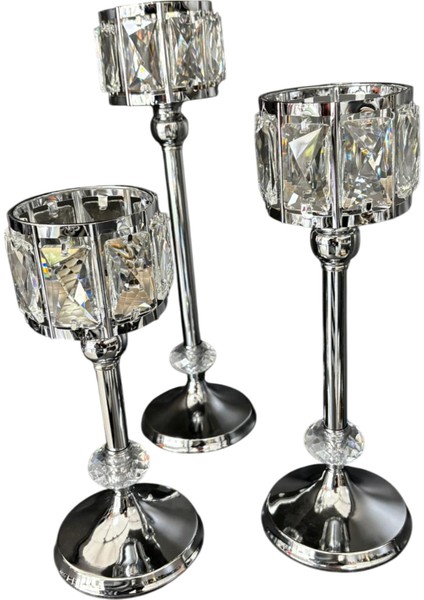 Gümüş Renk Kristal Detaylı 3’lü Metal Şamdan Seti | Lüks Dekoratif Mumluk Takımı 40-30-20 cm fırsatları