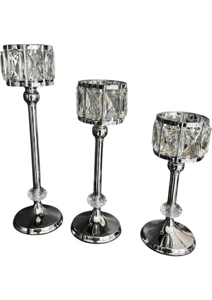 Gümüş Renk Kristal Detaylı 3’lü Metal Şamdan Seti | Lüks Dekoratif Mumluk Takımı 40-30-20 cm indirimleri