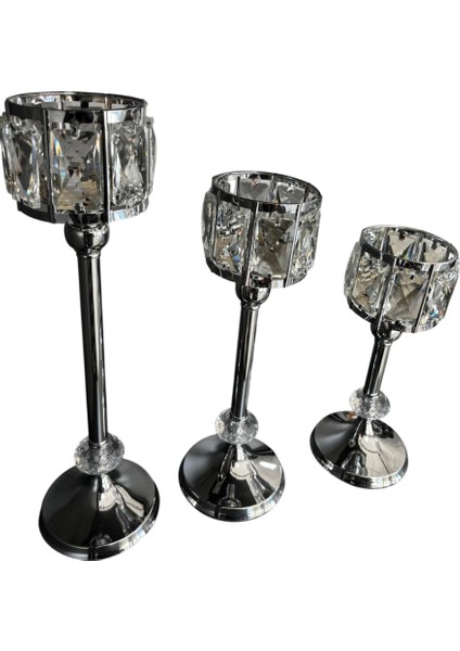 Gümüş Renk Kristal Detaylı 3’lü Metal Şamdan Seti | Lüks Dekoratif Mumluk Takımı 40-30-20 cm