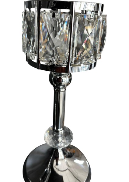 Gümüş Renk Kristal Detaylı 3’lü Metal Şamdan Seti | Lüks Dekoratif Mumluk Takımı 40-30-20 cm