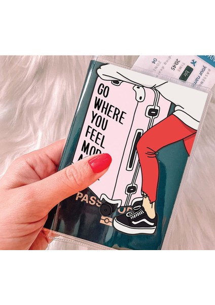 Tüm Ülke Pasaportları ile Uyumlu Şeffaf Pvc Baskılı Cepli Pasaport Kılıfı Kabı - Go Where