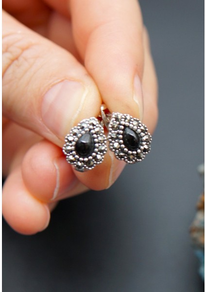 925 Ayar Gümüş Oltu Taşı Kadın Küpe SKÜ00035