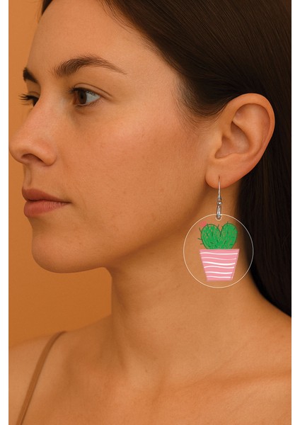 Kadın Küpe Temalı Motifli Gümüş Kancalı Yuvarlak Şeffaf Küpe Kaktüs Saksı