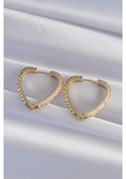 Pirinç Gold Renk Zirkon Taşlı Motifli Kalp Küpe modelleri