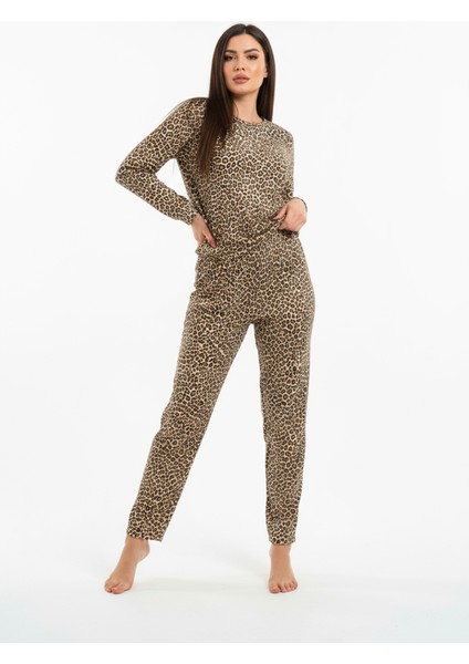 Bisiklet Yaka Süet Pijama Takımı 6006 Leopar