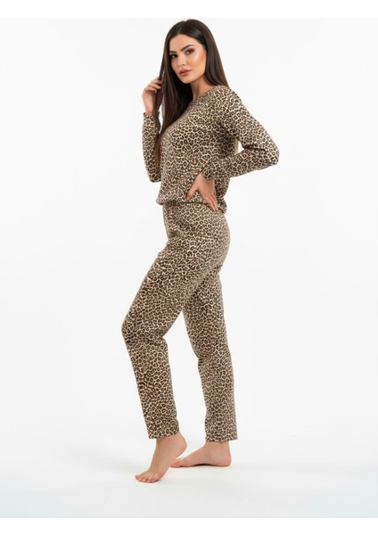 Bisiklet Yaka Süet Pijama Takımı 6006 Leopar modelleri