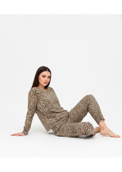 Bisiklet Yaka Süet Pijama Takımı 6006 Leopar indirimleri