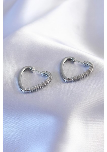 Bfs Gümüş Renk Zirkon Taşlı Kalp Model Kadın Küpe