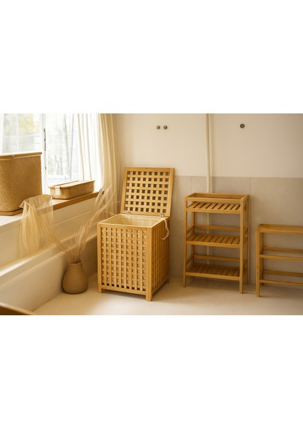 Büyük Boy Ahşap Bambu Kirli Sepeti