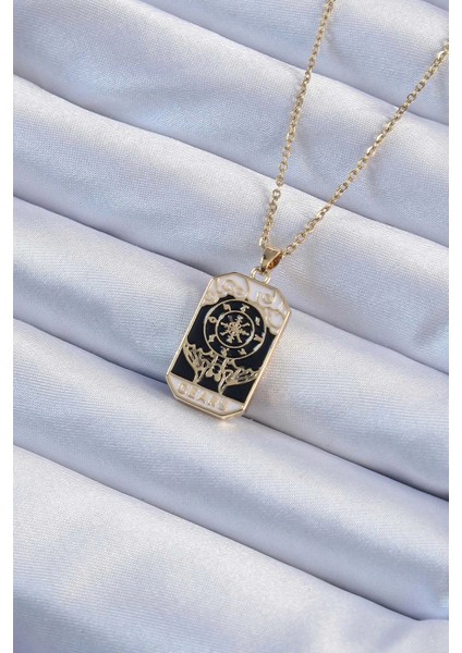 Bfs 316L Çelik Zincir Altın Renk Işlemeli Siyah Mineli Tarot Kolye