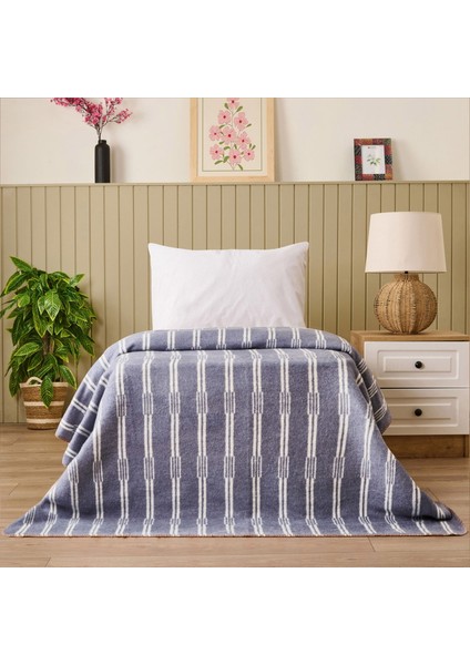 Soft Mavruz Pamuklu Tek Kişilik Battaniye - Mavi - 150X200 cm
