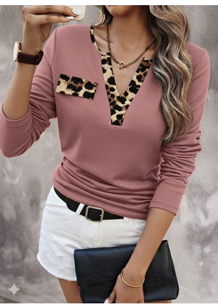Kadın Likralı Kaşkorse Dik Yaka Bluz | Fitilli Uzun Kol Esnek Leopar Desenli Spor Şık Bluz