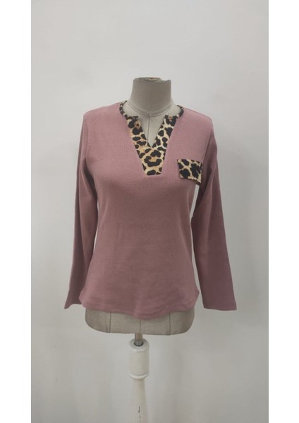 Kadın Likralı Kaşkorse Dik Yaka Bluz | Fitilli Uzun Kol Esnek Leopar Desenli Spor Şık Bluz indirimleri