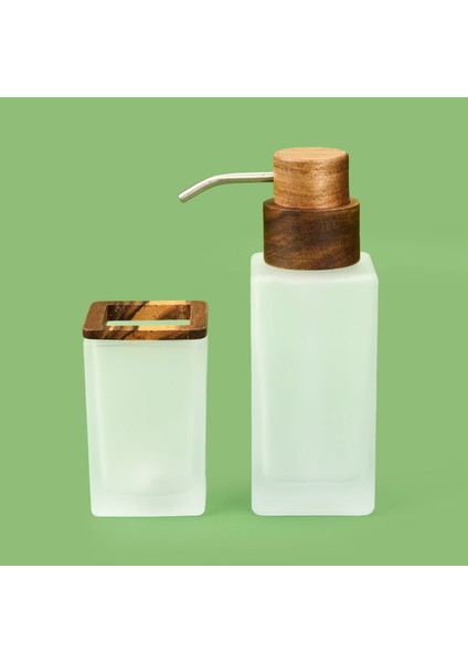 Bath Ahşap Detaylı 2'li Banyo Sıvı Sabunluk Seti - Beyaz / Kahverengi