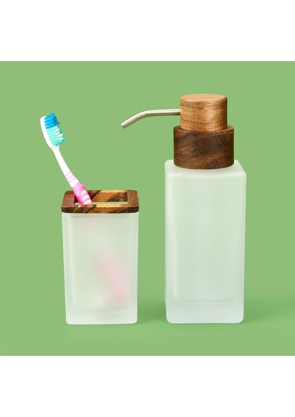 Bath Ahşap Detaylı 2'li Banyo Sıvı Sabunluk Seti - Beyaz / Kahverengi fiyatları