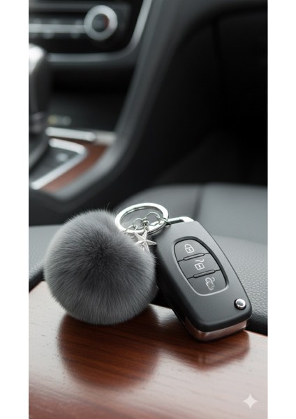 Peluş Pofuduk Ponpon Puf Füme Tüylü Gümüş Yıldız Detaylı Ev Ofis Araba Telefon Cüzdan Çanta Anahtarlık